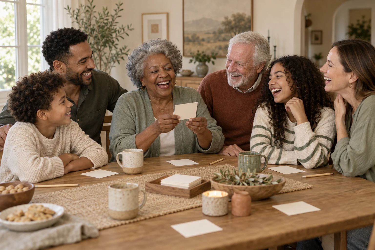 A multigenerational interracial family sharing a game, from children to grandparents.